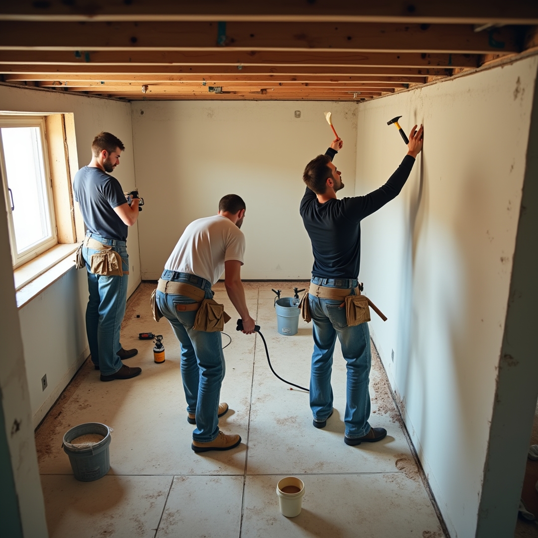 Concepts Construction crew at work on a basement renovation